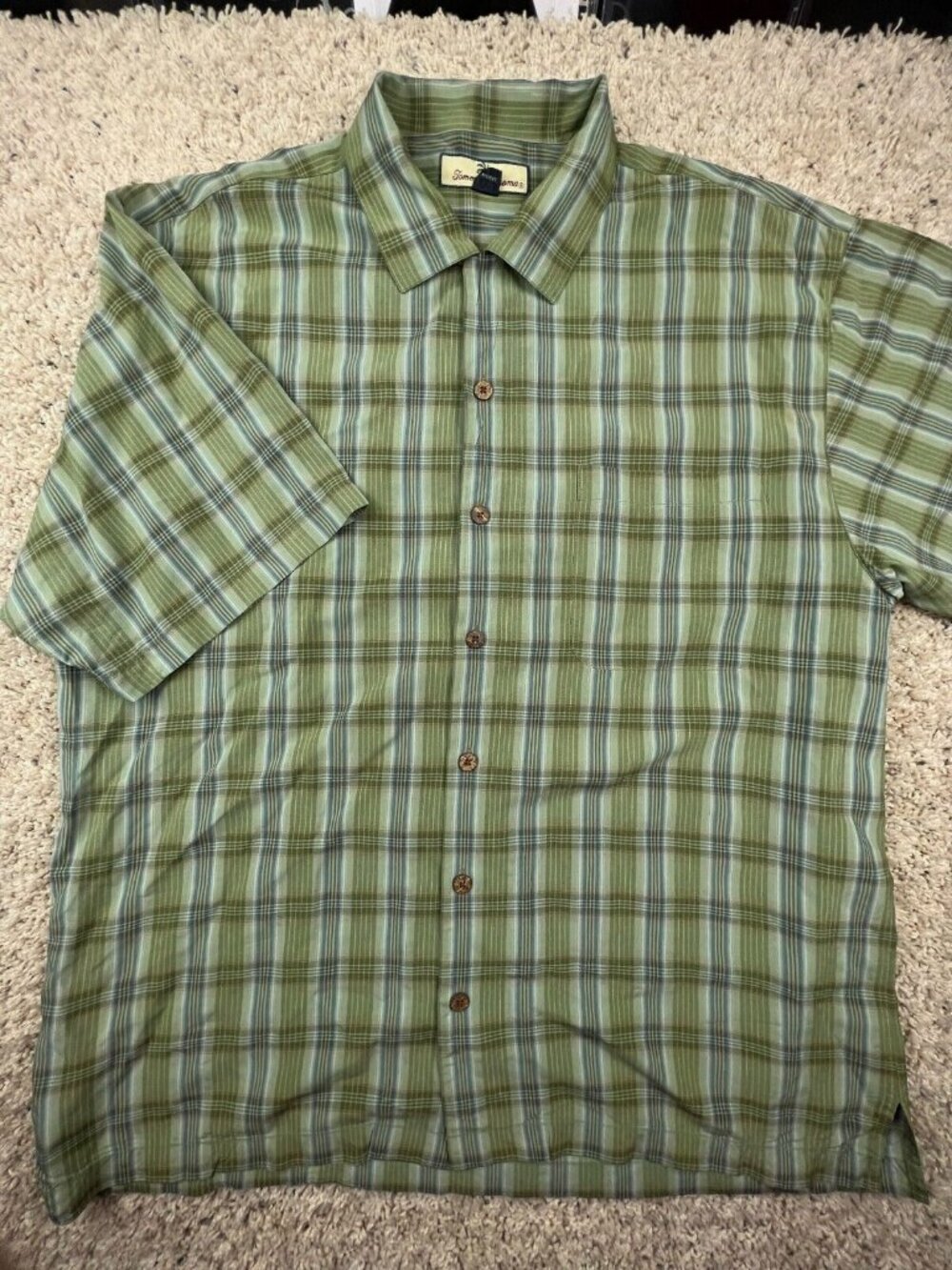 Tommy Bahama ALL SILK Hawaiian Button Up Camp Shirt Green Blue Plaid Large